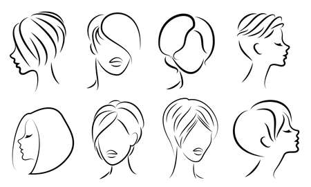 Silhouette of the head of a cute lady. The girl shows her hairstyle for medium and short hair. Suitable for logo, advertising. Vector illustration.のイラスト素材