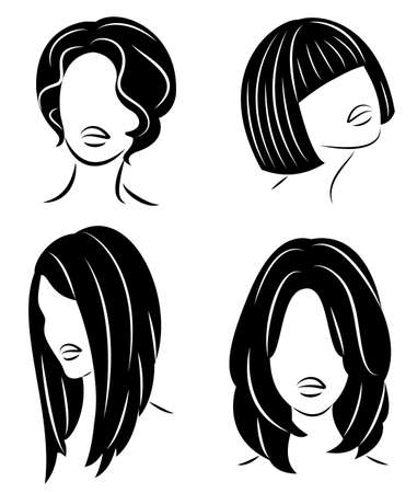 Collection. Silhouette profile of a cute lady s head. The girl shows her hairstyle for medium and long hair. Suitable for logo, advertising. Vector illustration set.のイラスト素材