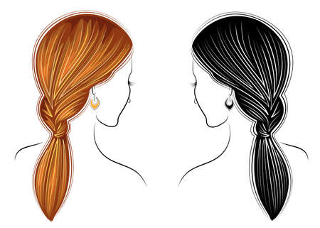 Long braids creative brown hair, isolated on white background. Hairstyles of a woman. Set of vector illustrations.のイラスト素材