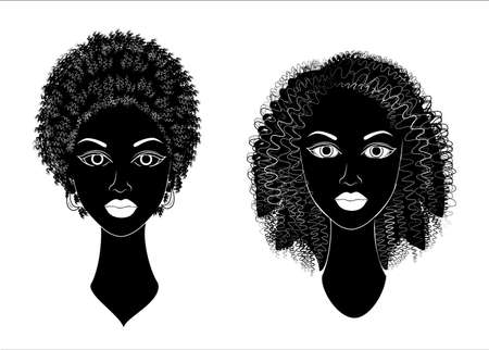 Collection. Profile of a head of sweet ladies. African American girls show hairstyles for long and medium hair. Silhouettes of women are beautiful and stylish. Vector illustration set.のイラスト素材