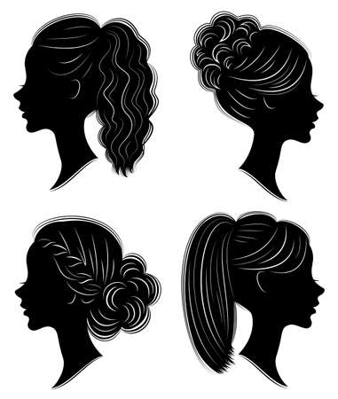 Collection. Silhouette of the head of a sweet lady. Pretty girl shows beautiful female hairstyle on medium and long hair. Suitable for logo, advertising. Vector illustration.のイラスト素材