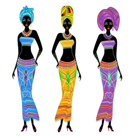 A collection of beautiful African American ladies. Girls have bright clothes, a turban on their heads. Women are young and slim. Vector illustration set.のイラスト素材