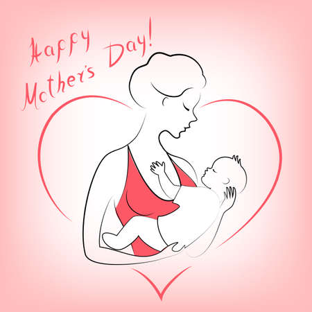 Mothers Day. Silhouette of a girl with a baby in her arms. Young and beautiful woman. Happy motherhood. Frame in the form of heart. Vector illustration.のイラスト素材