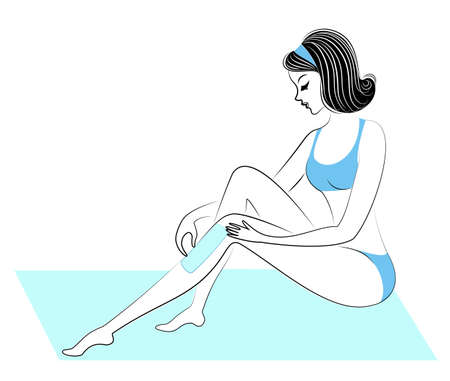 Profile of two girls. The ladies make depilation of their legs themselves. Remove the hair with a gel, wax and epilator. Vector illustration.のイラスト素材