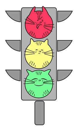 Traffic light with a cat. Red is an evil animal. Yellow - calm pet. Green - a joyful cat. Symbolic allegory. Vector illustration.のイラスト素材
