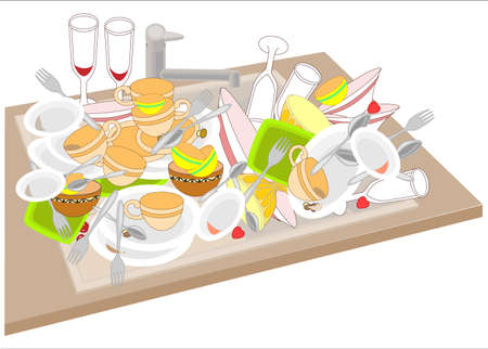 Kitchen sink. Dirty dishes fill the sink. Bowls, cups, spoons, forks, glasses dropped on a pile. It is necessary to wash the dishes. Vector illustration.のイラスト素材
