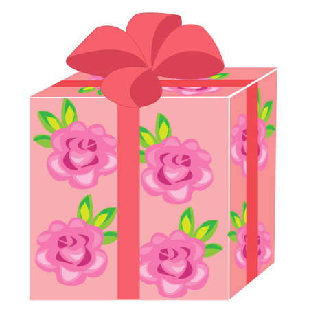 A beautiful gift. The box is packed for a holiday. The package is pink, decorated with roses. The red bow is tied on top. Vector illustration.のイラスト素材