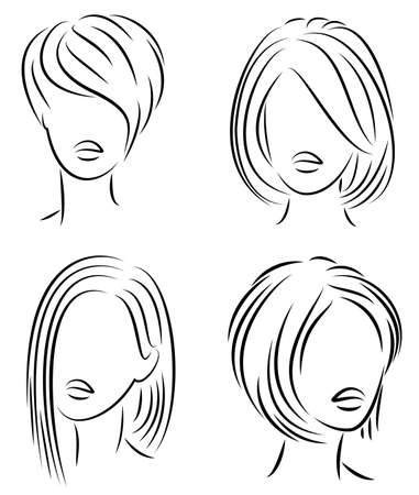 Silhouette of the head of a cute lady. The girl shows her hairstyle for medium and short hair. Suitable for logo, advertising. Vector illustration.のイラスト素材