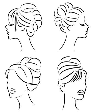 Collection. Silhouette profile of a cute lady s head. The girl shows her hairstyle for medium and long hair. Suitable for logo, advertising. Vector illustration set.のイラスト素材