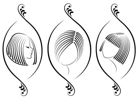 Collection. Silhouette of a sweet lady in a frame. The girl shows a hairstyle on medium and short hair. Suitable for logo, advertising. Vector illustration set.のイラスト素材