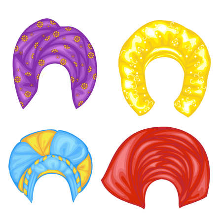 Collection. Woman s headdress, turban. Bright knitted scarf. Clothes are beautiful and stylish. Graphic image. Set of vector illustrations.のイラスト素材