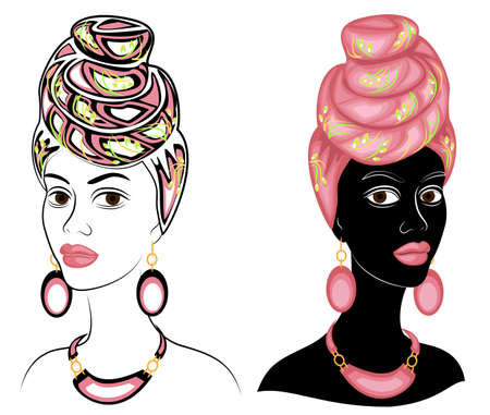 Collection. Head of the sweet lady. On the head of an African-American girl is a bright bright scarf and turban. The woman is beautiful and stylish. Vector illustration set.のイラスト素材
