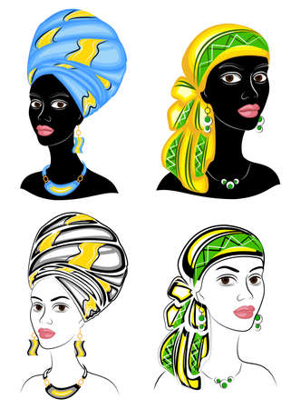 Collection. Silhouette of a head of a sweet lady. A bright shawl, a turban is tied on the head of an African-American girl. The woman is beautiful and stylish. Set of vector illustrations.のイラスト素材