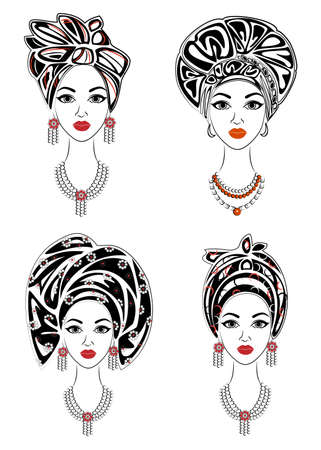 Collection. Silhouette of a head of a sweet lady. A bright shawl, a turban, tied to the head of an African-American girl. The woman is beautiful and stylish. Set of vector illustrations.のイラスト素材