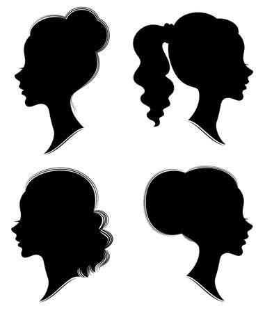 Collection. Silhouette of the head of a sweet lady. Pretty girl shows beautiful female hairstyle on medium and long hair. Suitable for logo, advertising. Vector illustration.のイラスト素材