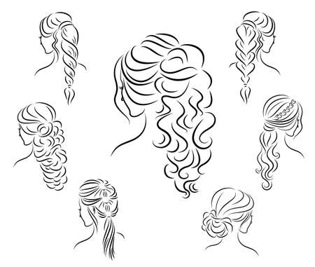 Collection. Silhouette profile of a cute lady s head. The girl shows her hairstyle for medium and long hair. Suitable for logo, advertising. Vector illustration set.のイラスト素材