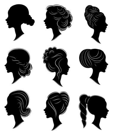 Collection. Silhouette of the head of a sweet lady. Pretty girl shows beautiful female hairstyle on medium and long hair. Suitable for logo, advertising. Vector illustration.のイラスト素材