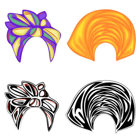 Collection. Woman s headdress, turban. Bright knitted scarf. Clothes are beautiful and stylish. Graphic image. Set of vector illustrations.のイラスト素材