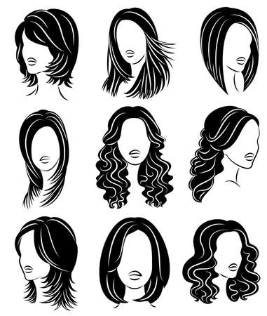Collection. Silhouette profile of a cute lady s head. The girl shows her hairstyle for medium and long hair. Suitable for logo, advertising. Vector illustration set.のイラスト素材