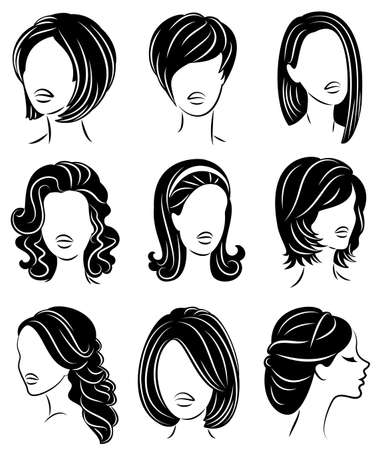 Collection. Silhouette profile of a cute lady s head. The girl shows her hairstyle for medium and long hair. Suitable for logo, advertising. Vector illustration set.のイラスト素材