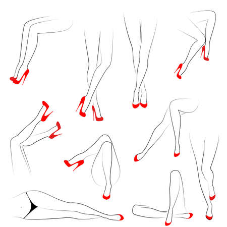 Collection. A picture with silhouettes of slender beautiful female legs in red high-heeled shoes. Different postures of legs when the girl is standing, lies, lying. Vector illustration set.のイラスト素材