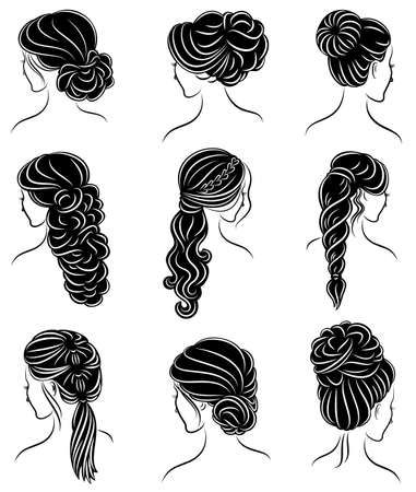Collection. Silhouette profile of a cute lady s head. The girl shows her hairstyle for medium and long hair. Suitable for logo, advertising. Vector illustration set.のイラスト素材