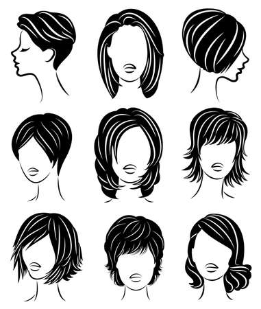 Collection. Silhouette profile of a cute lady s head. The girl shows her hairstyle for medium and long hair. Suitable for logo, advertising. Vector illustration set.のイラスト素材