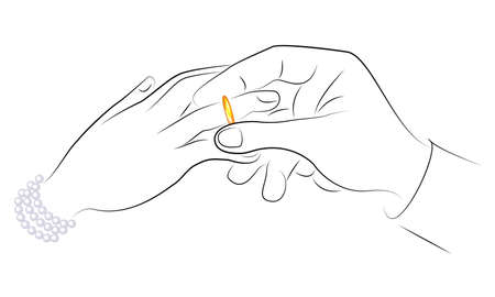 The hands of newlyweds at the wedding. A man wears an engagement ring to a girl. Vector illustration.のイラスト素材
