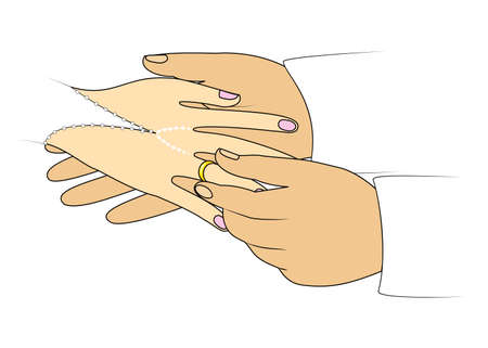 The hands of newlyweds at the wedding. A man wears an engagement ring to a girl. Vector illustration.のイラスト素材
