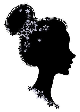 Silhouette profile of a cute lady s head. The girl has long beautiful hair, decorated purple flowers. Suitable for logo, advertising. Vector illustration.のイラスト素材