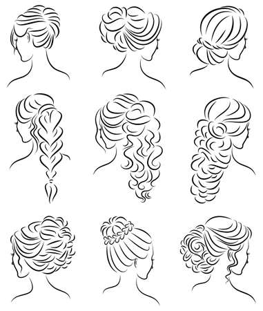 Collection. Silhouette profile of a cute lady s head. The girl shows her hairstyle for medium and long hair. Suitable for logo, advertising. Vector illustration set.のイラスト素材