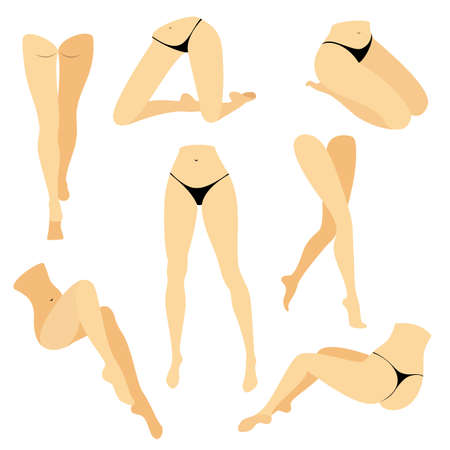 Collection. Picture with silhouettes of slender beautiful female feet. Different postures of legs when the girl is standing, lies, lies. Color picture. Vector illustration set.のイラスト素材