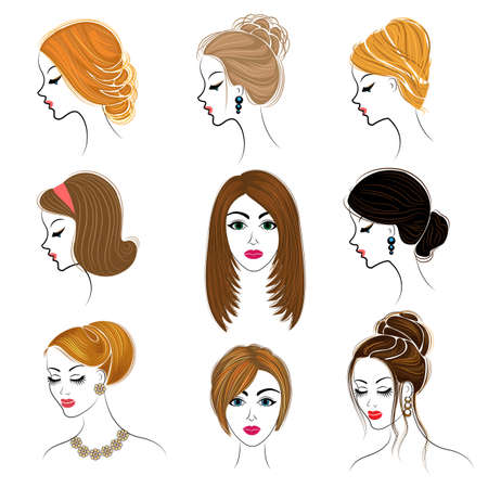 Long braids creative brown hair, isolated on white background. Hairstyles of a woman. Set of vector illustrations.のイラスト素材
