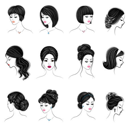 Collection of heads of cute ladies. Girls show female hairstyles for short, long and medium hair. Women are fashionable, beautiful and stylish. Vector illustration set.のイラスト素材
