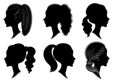 Collection. Silhouette of a head of a sweet lady in different frames. The girl shows a woman s hairstyle on medium and long hair. Suitable for logo, advertising. Set of vector illustrations.のイラスト素材