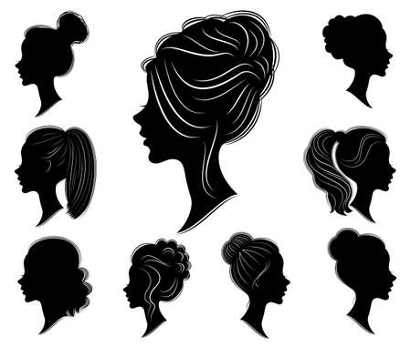 Collection. Silhouette of a head of a sweet lady in different frames. The girl shows a woman s hairstyle on medium and long hair. Suitable for logo, advertising. Set of vector illustrations.のイラスト素材