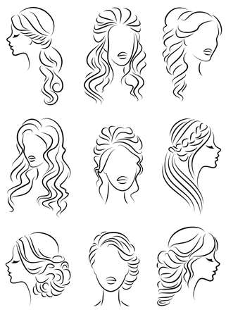 Collection. Silhouette profile of a cute lady s head. The girl shows her hairstyle for medium and long hair. Suitable for logo, advertising. Vector illustration set.のイラスト素材