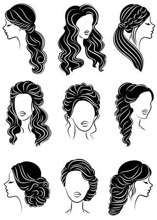 Collection. Silhouette profile of a cute lady s head. The girl shows her hairstyle for medium and long hair. Suitable for logo, advertising. Vector illustration set.のイラスト素材