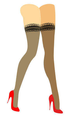 Silhouette of slender beautiful lady legs. The girl is standing. The woman is dressed in fashionable stockings and is shod in red high-heeled shoes. Vector illustration.のイラスト素材