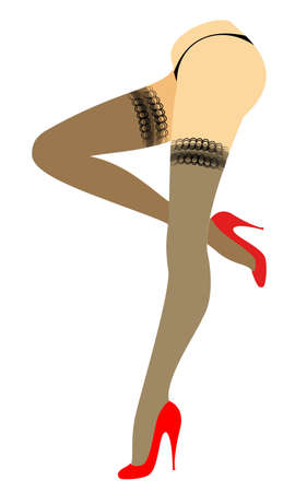 Silhouette figure of a lady in a bikini. Slender beautiful female legs, dressed in stockings. The womansits in a red high-heeled shoes. Vector illustration.のイラスト素材