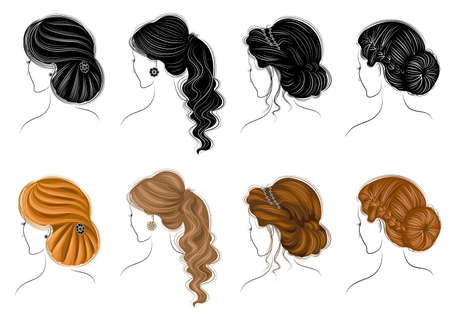 Collection of female hairstyles for short, long and medium hair. Hairstyles are fashionable, beautiful and stylish. For brunettes, blondes and brown-haired. Vector illustration set.のイラスト素材