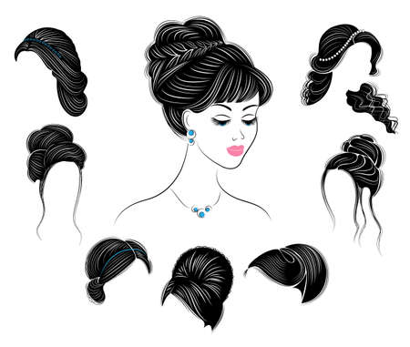 Collection. Silhouette profile of a cute lady s head. The girl shows her hairstyle for medium and long hair. Suitable for logo, advertising. Vector illustration set.のイラスト素材