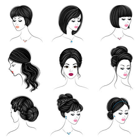 Collection of heads of cute ladies. Girls show female hairstyles for short, long and medium hair. Women are fashionable, beautiful and stylish. Vector illustration set.のイラスト素材