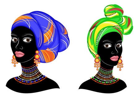 Collection. Silhouette of a head of a sweet lady. A bright shawl, a turban, tied to the head of an African-American girl. The woman is beautiful and stylish. Set of vector illustrations.のイラスト素材