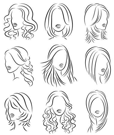 Collection. Silhouette profile of a cute lady s head. The girl shows her hairstyle for medium and long hair. Suitable for logo, advertising. Vector illustration set.のイラスト素材