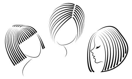 Silhouette of the head of a cute lady. The girl shows her hairstyle for medium and short hair. Suitable for logo, advertising. Vector illustration.のイラスト素材