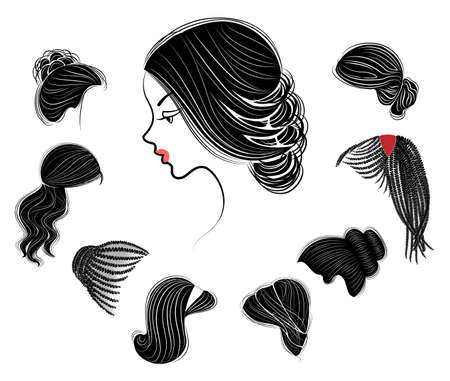 Collection of female hairstyles for short, long and medium hair. Hairstyles are fashionable, beautiful and stylish. For brunettes, blondes and brown-haired. Vector illustration set.のイラスト素材