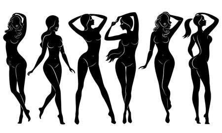 Collection. Silhouettes of lovely ladies. Beautiful girls stand in different poses. The figures of women are naked, feminine and slender. Set of vector illustrations.のイラスト素材