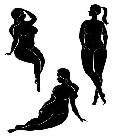 Vector illustration of overweight woman silhouettes. Black and white, differrent poses.のイラスト素材