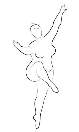 Silhouette of a cute lady, she is dancing ballet. The woman has an overweight body. Girl is plump. Woman ballerina, gymnast. Vector illustration.のイラスト素材